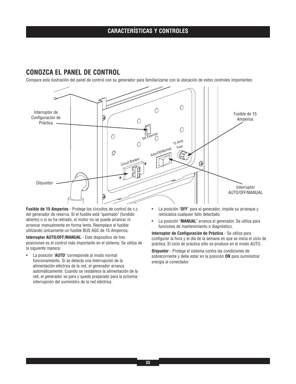 Conozca el panel de control, Características y controles | Briggs & Stratton 7000 RATED WATTS 040220A User Manual | Page 35 / 80