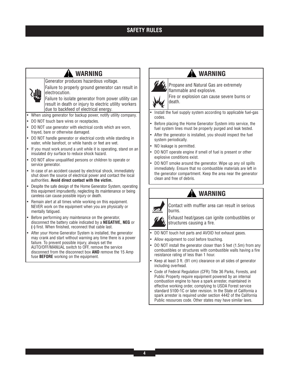 Location, Warning | Briggs & Stratton 7000 RATED WATTS 040220A User Manual | Page 4 / 80