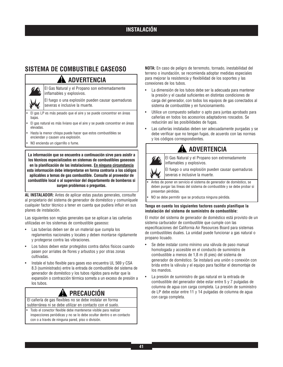 Sistema de combustible gaseoso, Precaución, Advertencia | Instalación | Briggs & Stratton 7000 RATED WATTS 040220A User Manual | Page 41 / 80