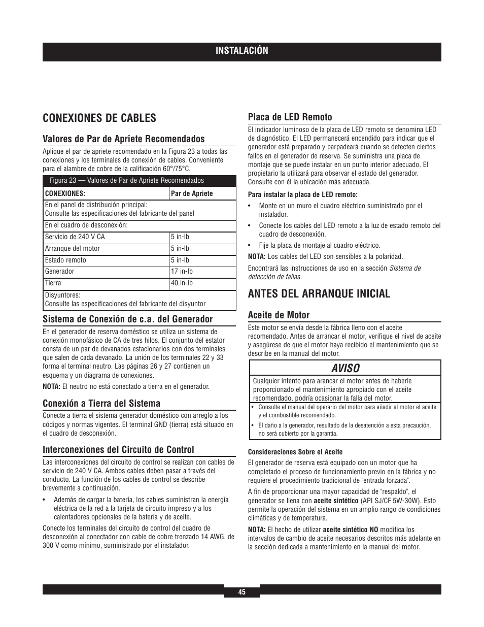 Conexiones de cables, Antes del arranque inicial, Aviso | Briggs & Stratton 7000 RATED WATTS 040220A User Manual | Page 45 / 80