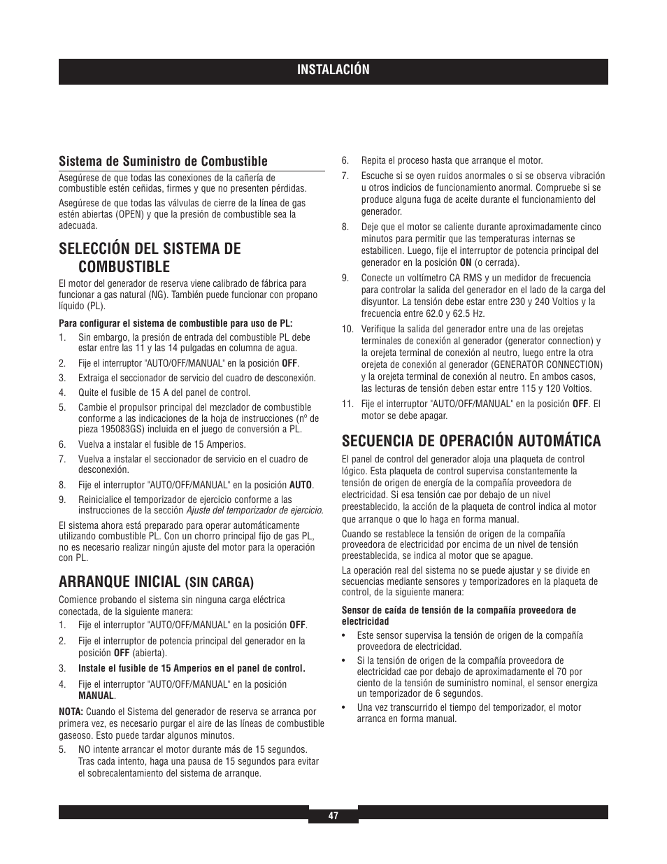 Selección del sistema de combustible, Arranque inicial, Secuencia de operación automática | Briggs & Stratton 7000 RATED WATTS 040220A User Manual | Page 47 / 80