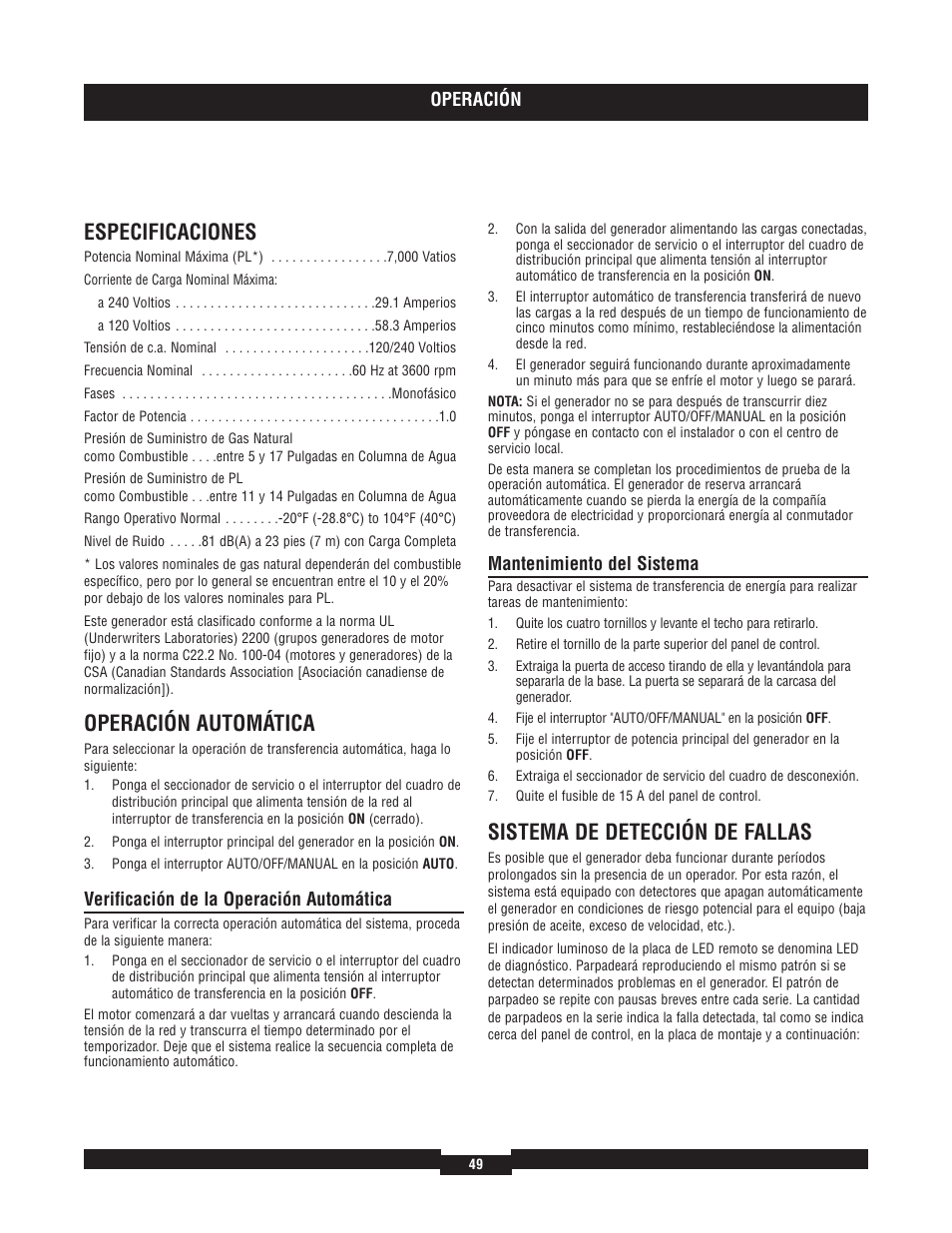 Especificaciones, Operación automática, Sistema de detección de fallas | Briggs & Stratton 7000 RATED WATTS 040220A User Manual | Page 49 / 80