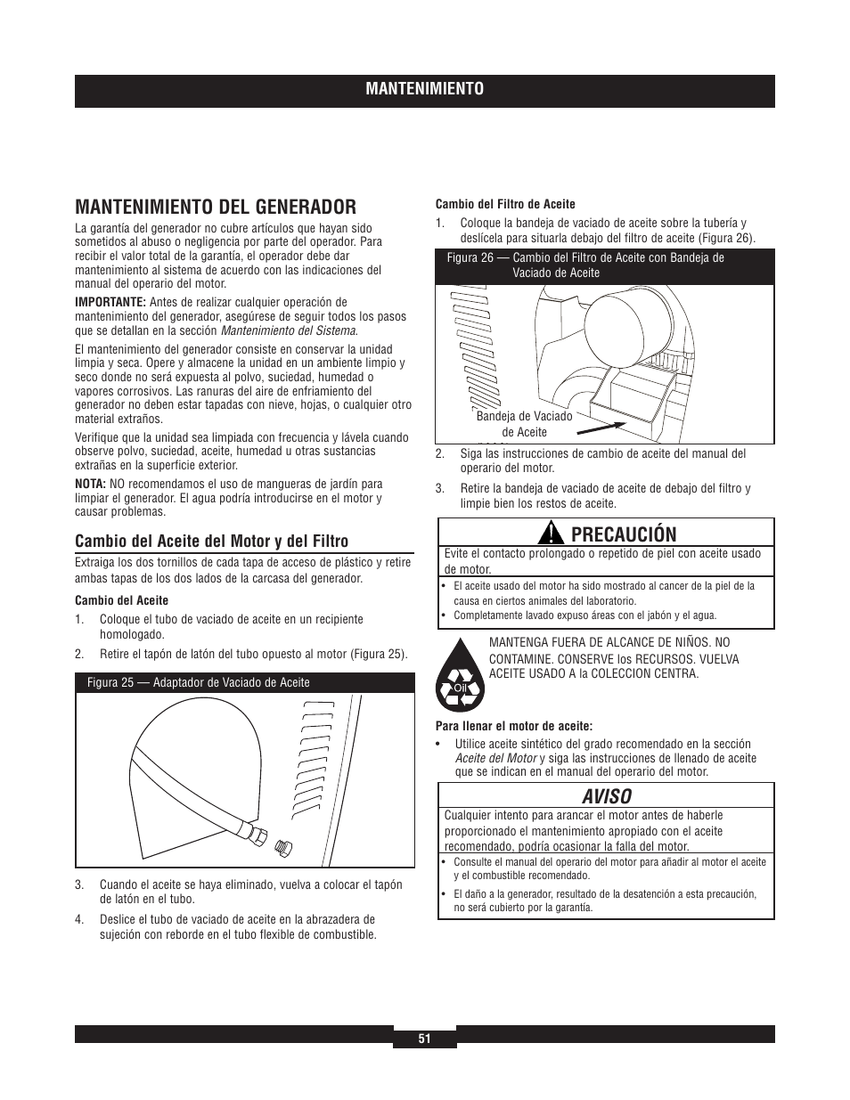 Mantenimiento del generador, Precaución, Aviso | Mantenimiento, Cambio del aceite del motor y del filtro | Briggs & Stratton 7000 RATED WATTS 040220A User Manual | Page 51 / 80