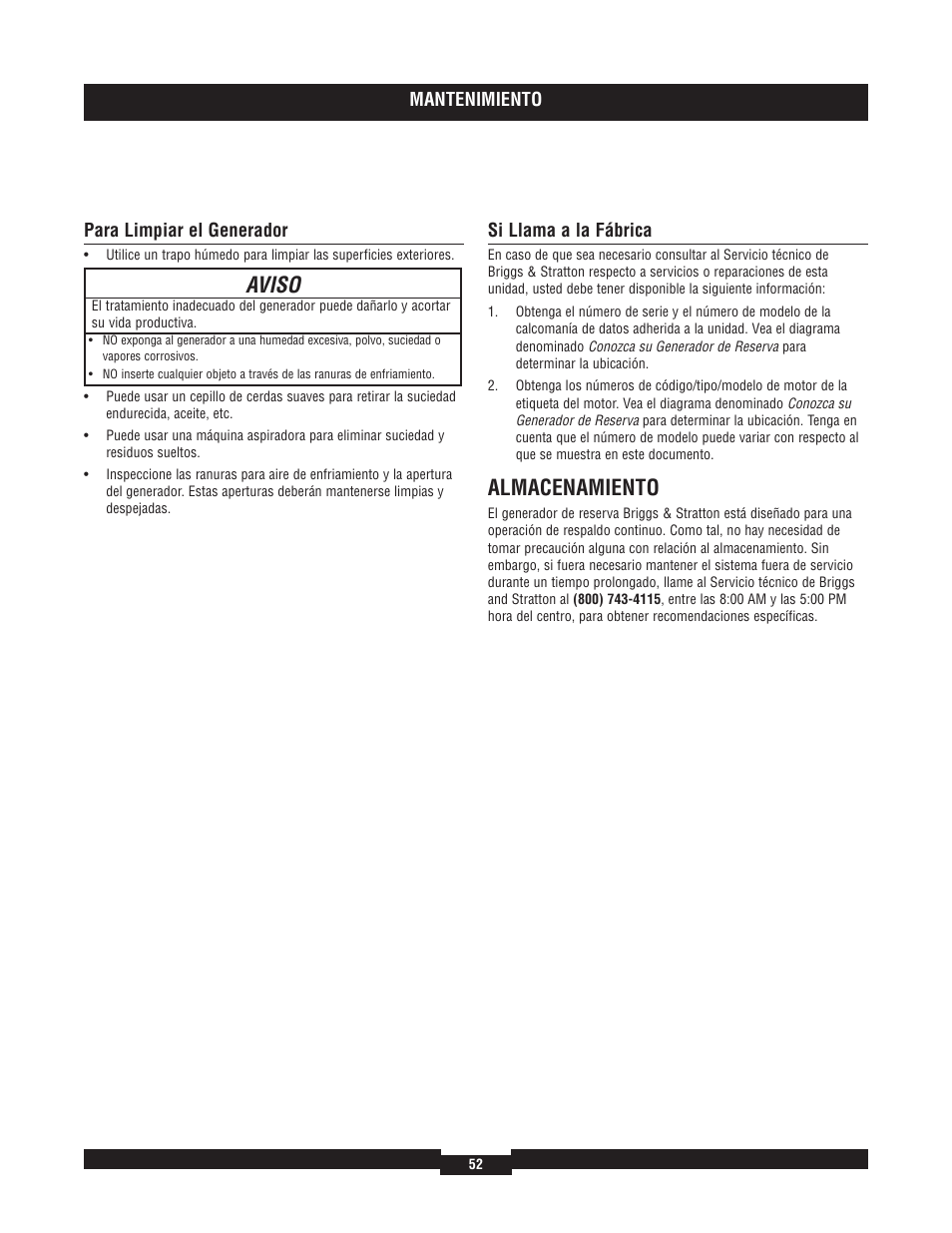 Almacenamiento, Aviso | Briggs & Stratton 7000 RATED WATTS 040220A User Manual | Page 52 / 80