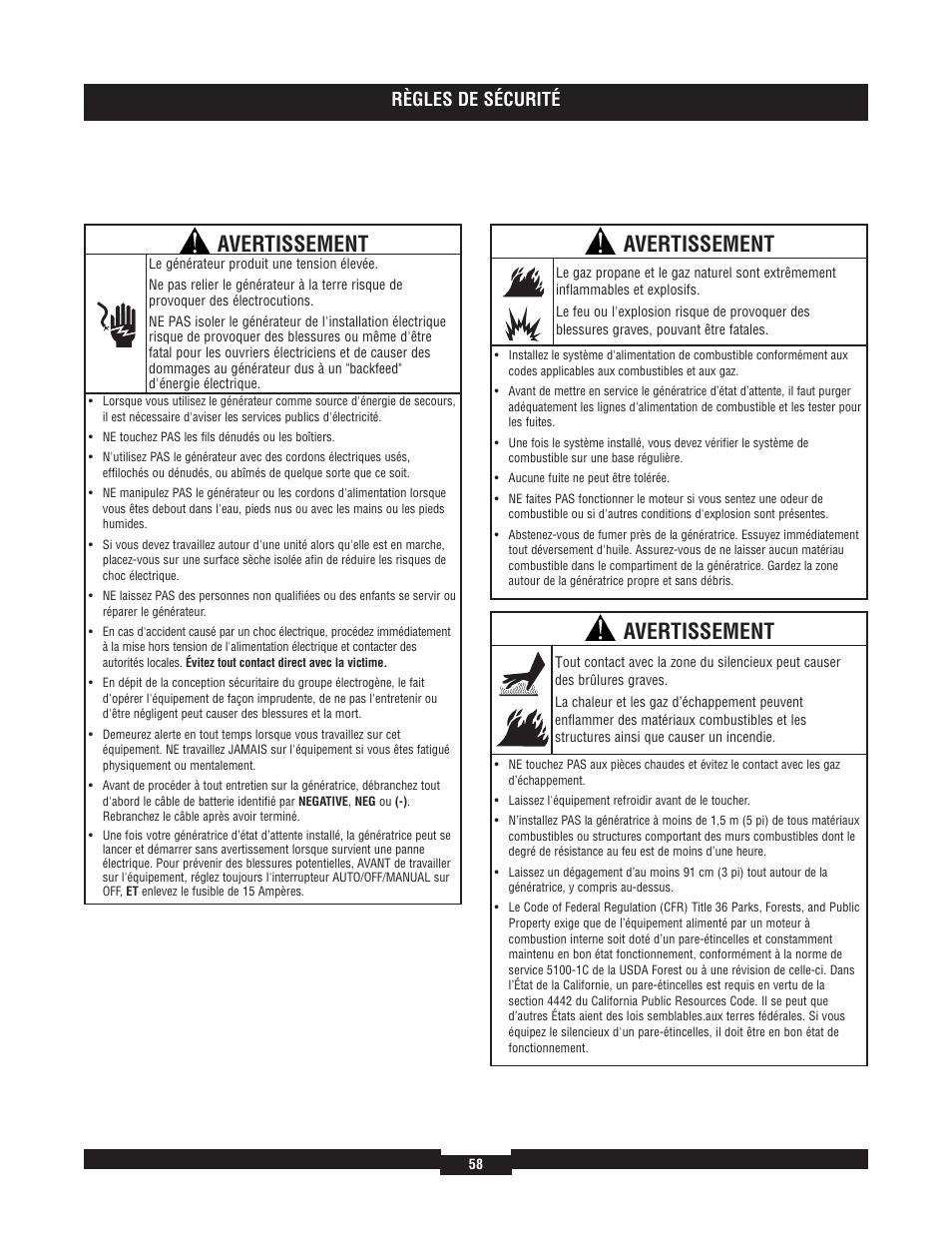 Avertissement, Règles de sécurité | Briggs & Stratton 7000 RATED WATTS 040220A User Manual | Page 58 / 80