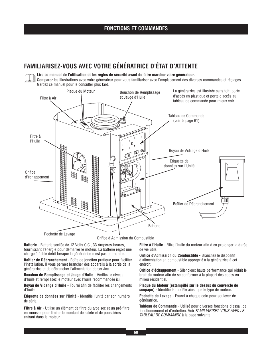 Fonctions et commandes | Briggs & Stratton 7000 RATED WATTS 040220A User Manual | Page 60 / 80