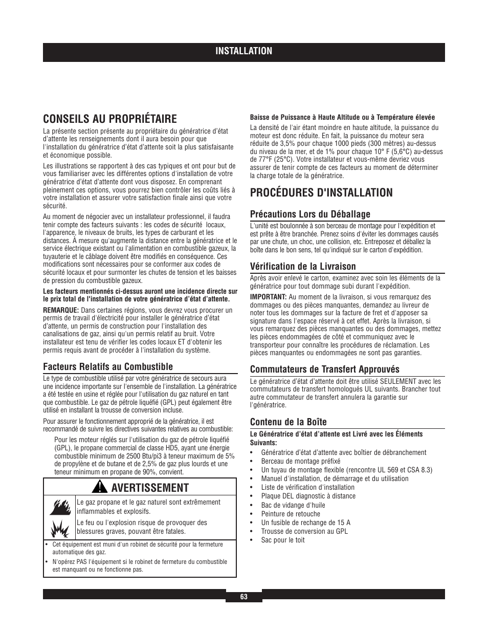 Conseils au propriétaire, Procédures d'installation, Avertissement | Briggs & Stratton 7000 RATED WATTS 040220A User Manual | Page 63 / 80