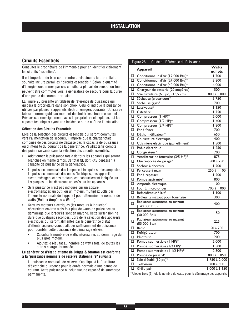 Installation, Circuits essentiels | Briggs & Stratton 7000 RATED WATTS 040220A User Manual | Page 65 / 80