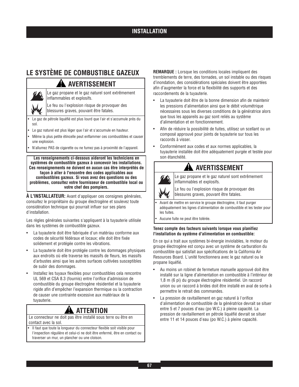 Le système de combustible gazeux, Avertissement, Attention | Installation | Briggs & Stratton 7000 RATED WATTS 040220A User Manual | Page 67 / 80