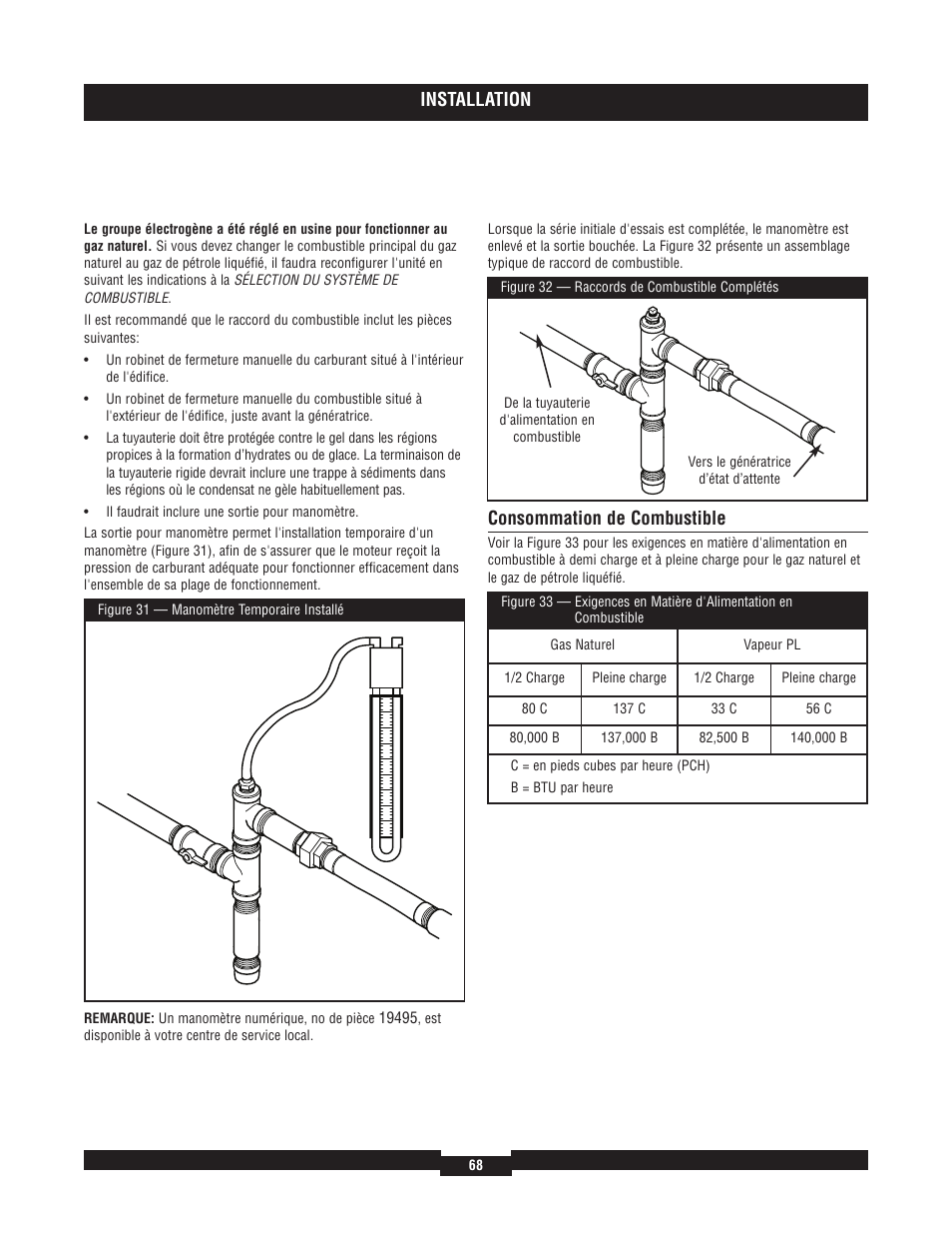 Installation, Consommation de combustible | Briggs & Stratton 7000 RATED WATTS 040220A User Manual | Page 68 / 80