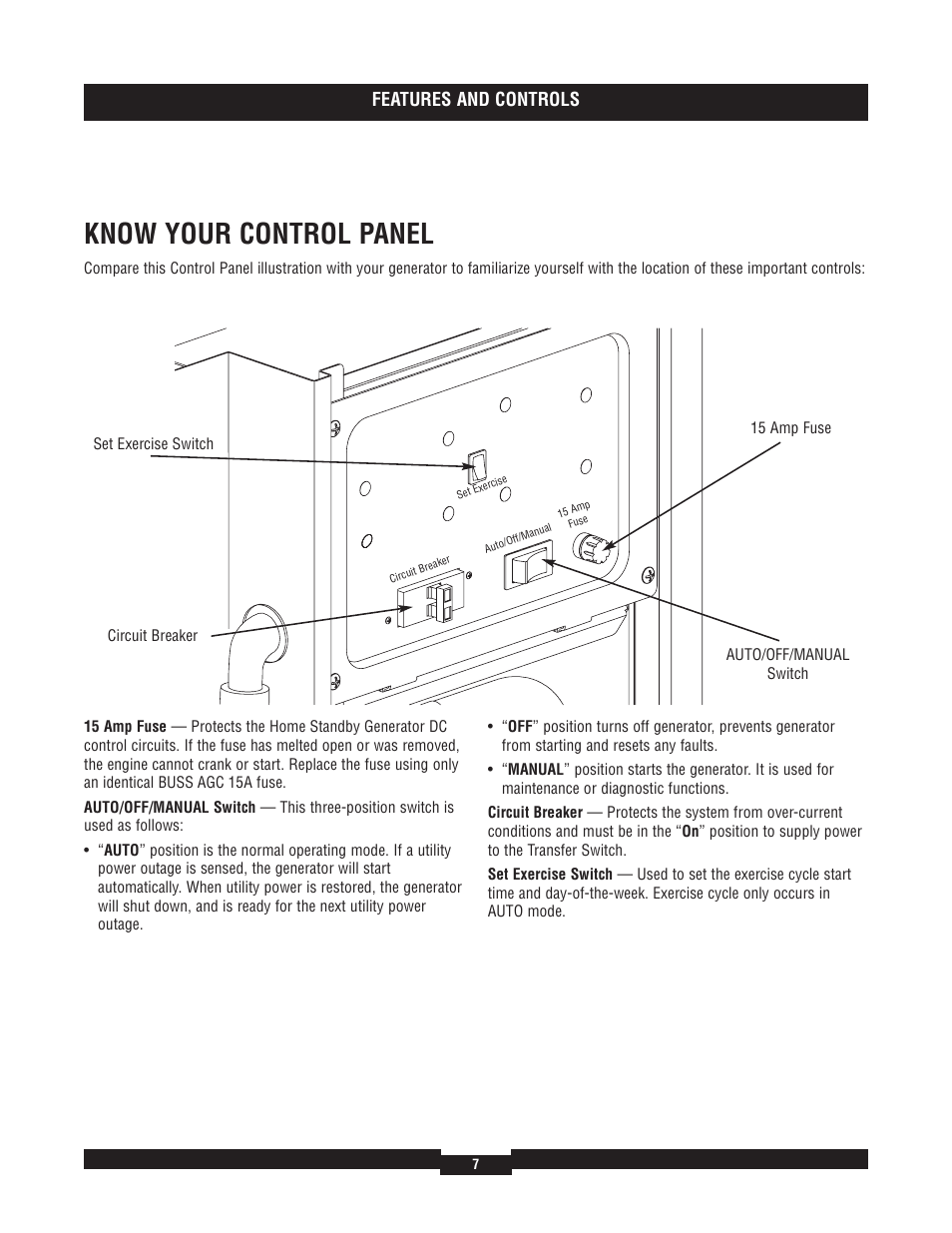 Know your control panel, Features and controls | Briggs & Stratton 7000 RATED WATTS 040220A User Manual | Page 7 / 80