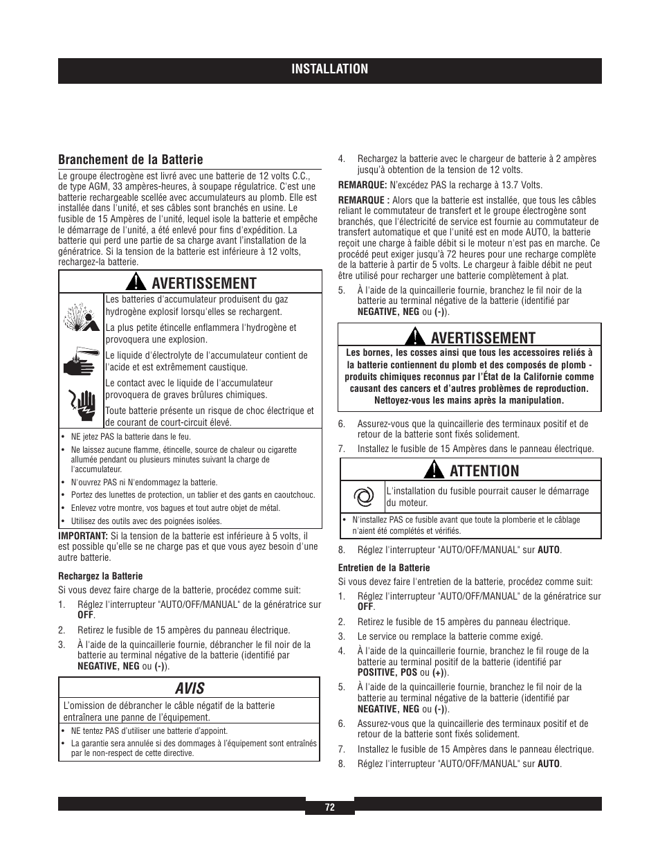 Avis, Avertissement, Attention | Installation, Branchement de la batterie | Briggs & Stratton 7000 RATED WATTS 040220A User Manual | Page 72 / 80