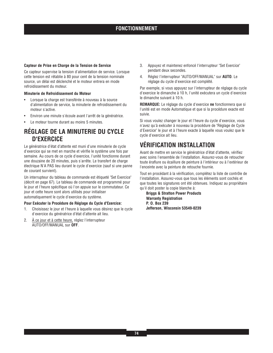 Réglage de la minuterie du cycle d'exercice, Vérification installation | Briggs & Stratton 7000 RATED WATTS 040220A User Manual | Page 74 / 80