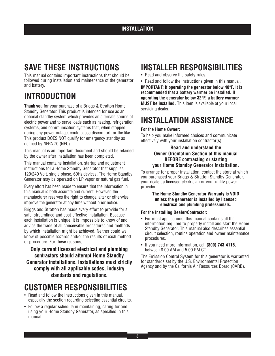 Save these instructions, Introduction, Customer responsibilities | Installer responsibilities, Installation assistance | Briggs & Stratton 7000 RATED WATTS 040220A User Manual | Page 8 / 80