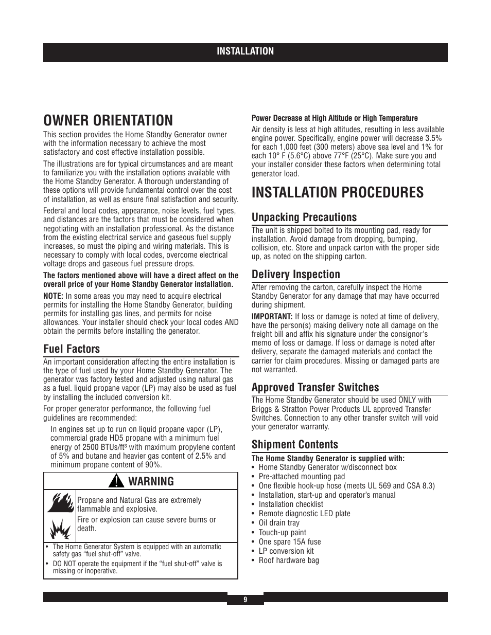 Know your home standby gener, Know your home standby generator, Owner orientation | Installation procedures, Fuel factors, Unpacking precautions, Delivery inspection, Approved transfer switches, Shipment contents, Warning | Briggs & Stratton 7000 RATED WATTS 040220A User Manual | Page 9 / 80