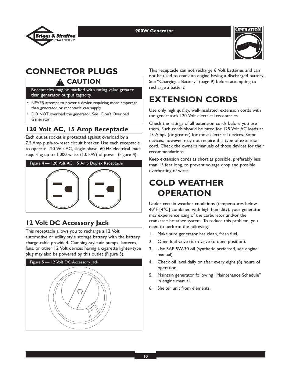 Connector plugs, Extension cords, Cold weather operation | 12 volt dc accessory jack, Caution | Briggs & Stratton Elite 01532-3 User Manual | Page 10 / 48