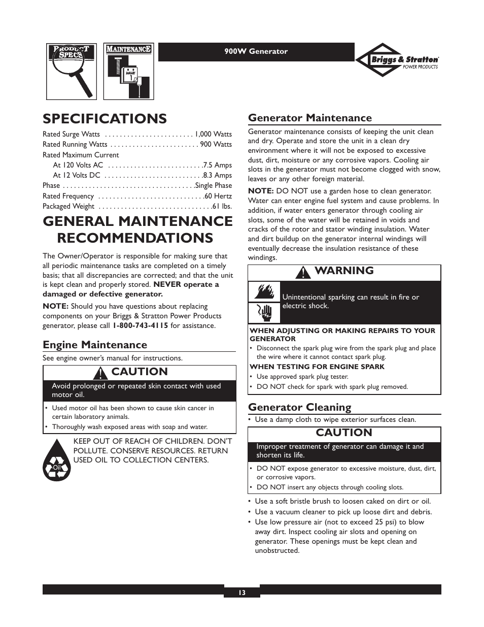 Specifications, General maintenance recommendations, Engine maintenance | Generator maintenance, Generator cleaning, Caution, Warning | Briggs & Stratton Elite 01532-3 User Manual | Page 13 / 48