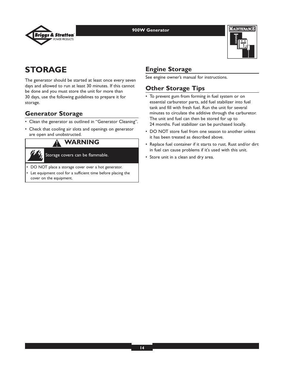 Storage, Generator storage, Engine storage | Other storage tips, Warning | Briggs & Stratton Elite 01532-3 User Manual | Page 14 / 48