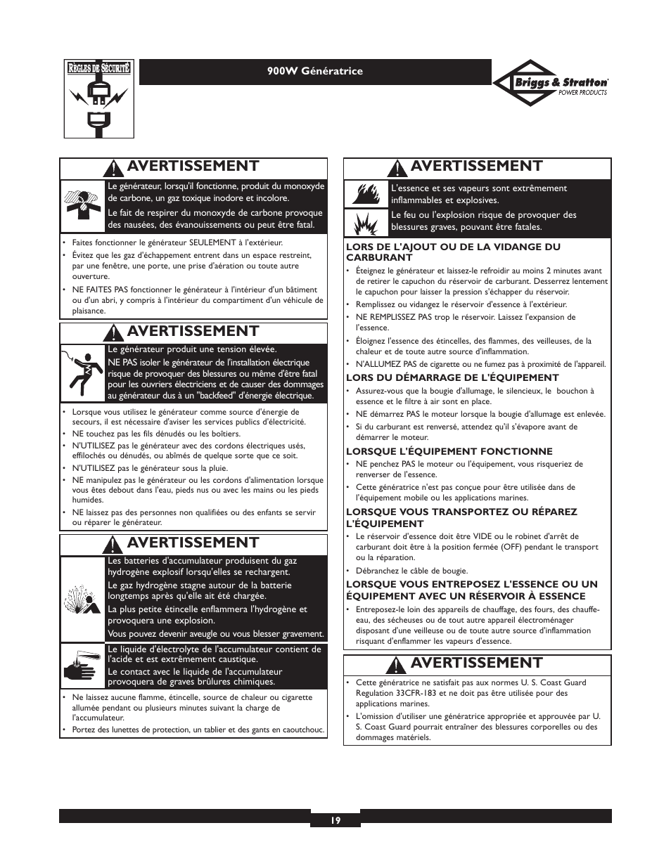 Avertissement | Briggs & Stratton Elite 01532-3 User Manual | Page 19 / 48