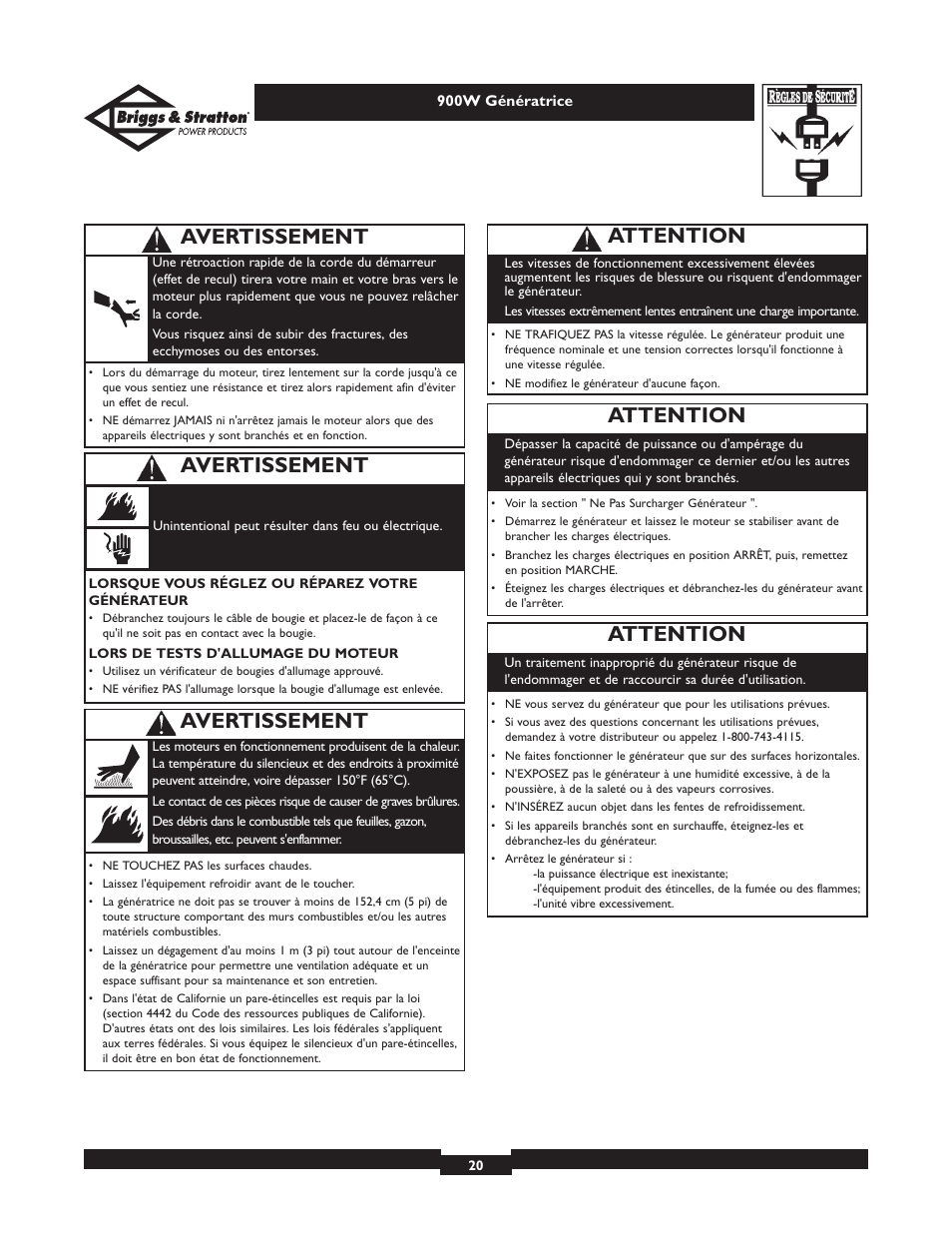 Attention, Avertissement | Briggs & Stratton Elite 01532-3 User Manual | Page 20 / 48