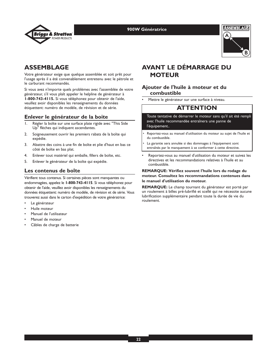 Assemblage, Avant le démarrage du moteur, Attention | Briggs & Stratton Elite 01532-3 User Manual | Page 22 / 48