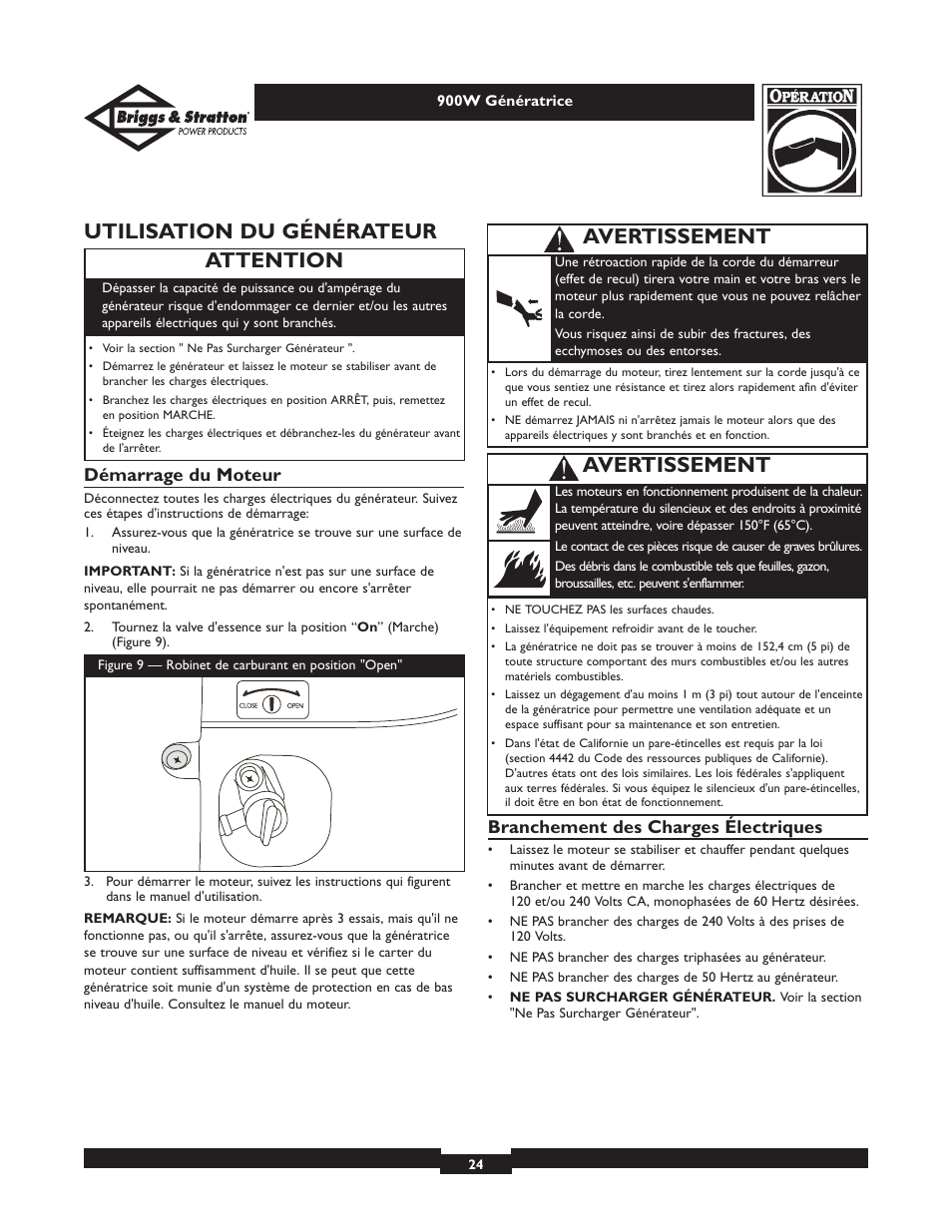 Utilisation du générateur, Attention, Avertissement | Démarrage du moteur, Branchement des charges électriques | Briggs & Stratton Elite 01532-3 User Manual | Page 24 / 48