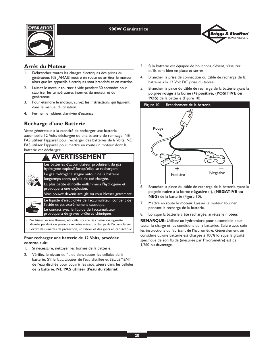 Avertissement, Arrêt du moteur, Recharge d'une batterie | Briggs & Stratton Elite 01532-3 User Manual | Page 25 / 48