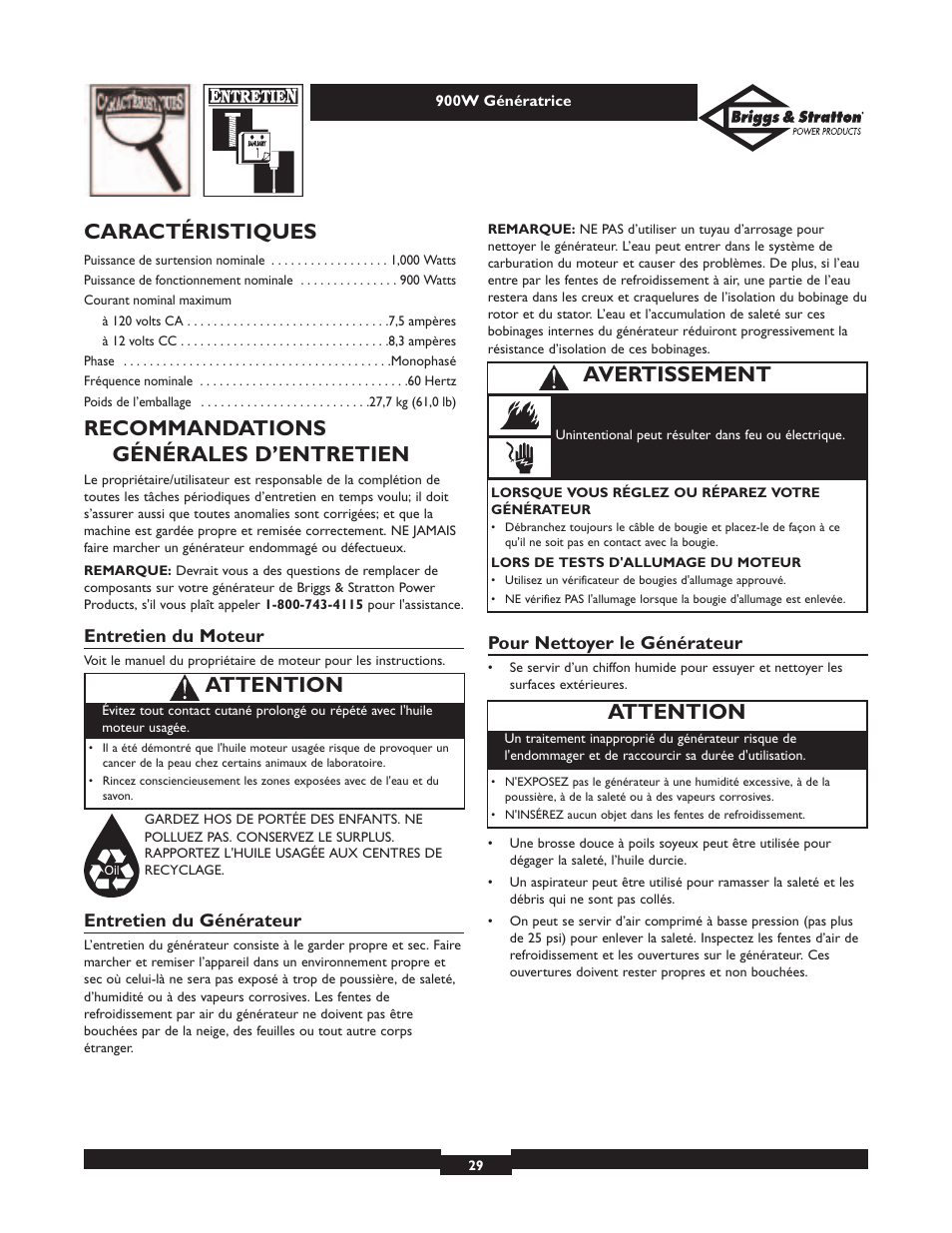 Caractéristiques, Recommandations générales d’entretien, Attention | Avertissement | Briggs & Stratton Elite 01532-3 User Manual | Page 29 / 48