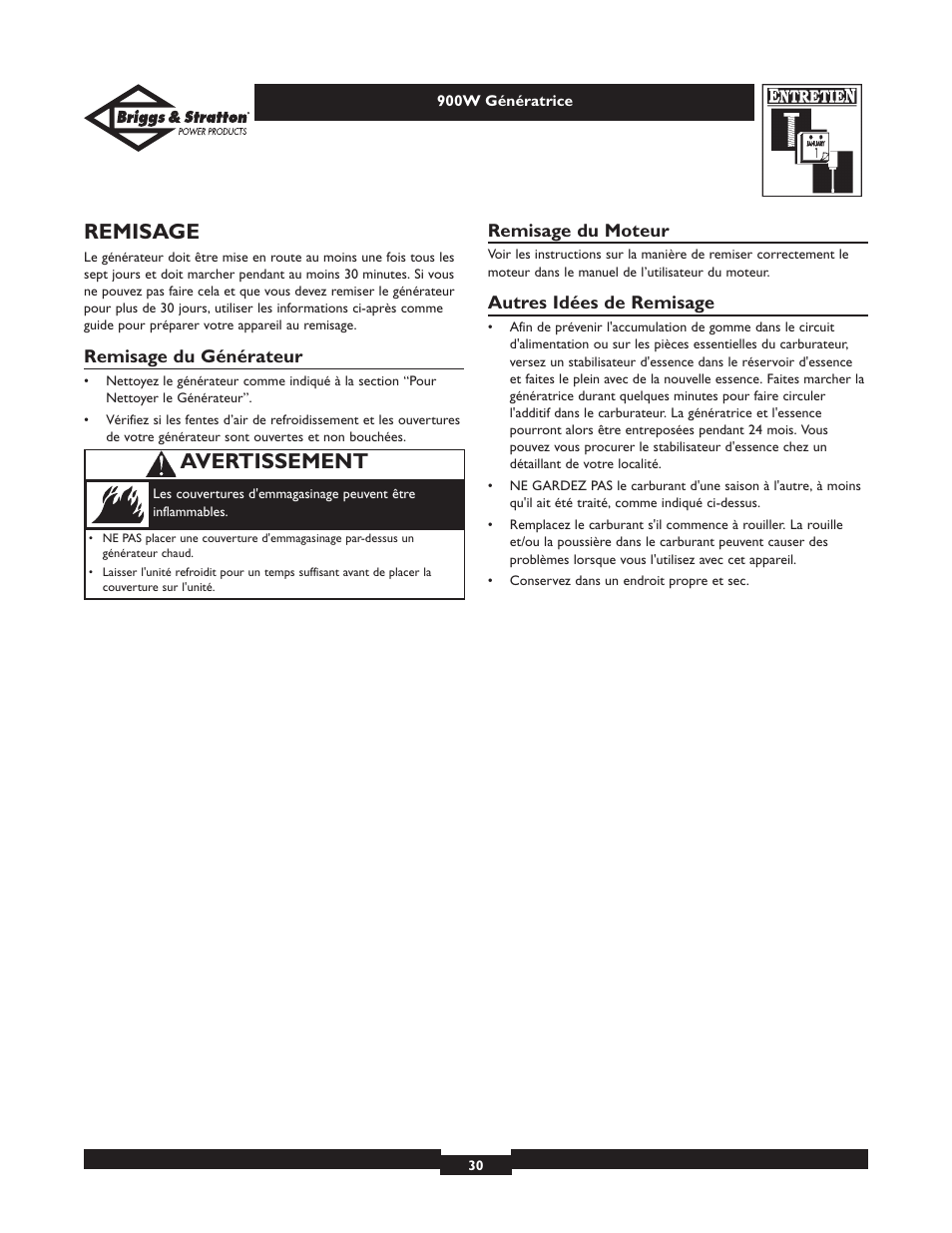 Remisage, Avertissement | Briggs & Stratton Elite 01532-3 User Manual | Page 30 / 48