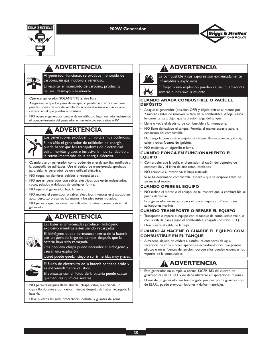 Advertencia | Briggs & Stratton Elite 01532-3 User Manual | Page 35 / 48