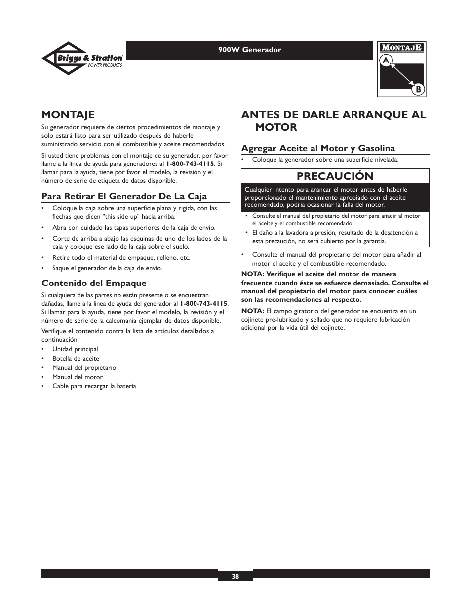 Montaje, Antes de darle arranque al motor, Precaución | Briggs & Stratton Elite 01532-3 User Manual | Page 38 / 48