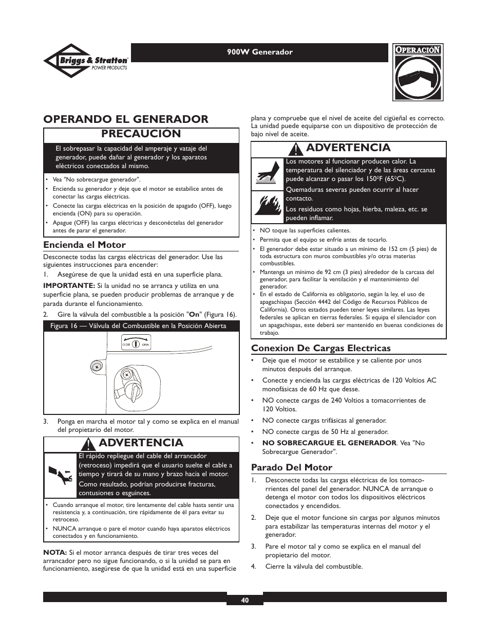 Operando el generador, Precaución, Advertencia | Encienda el motor, Conexion de cargas electricas, Parado del motor | Briggs & Stratton Elite 01532-3 User Manual | Page 40 / 48