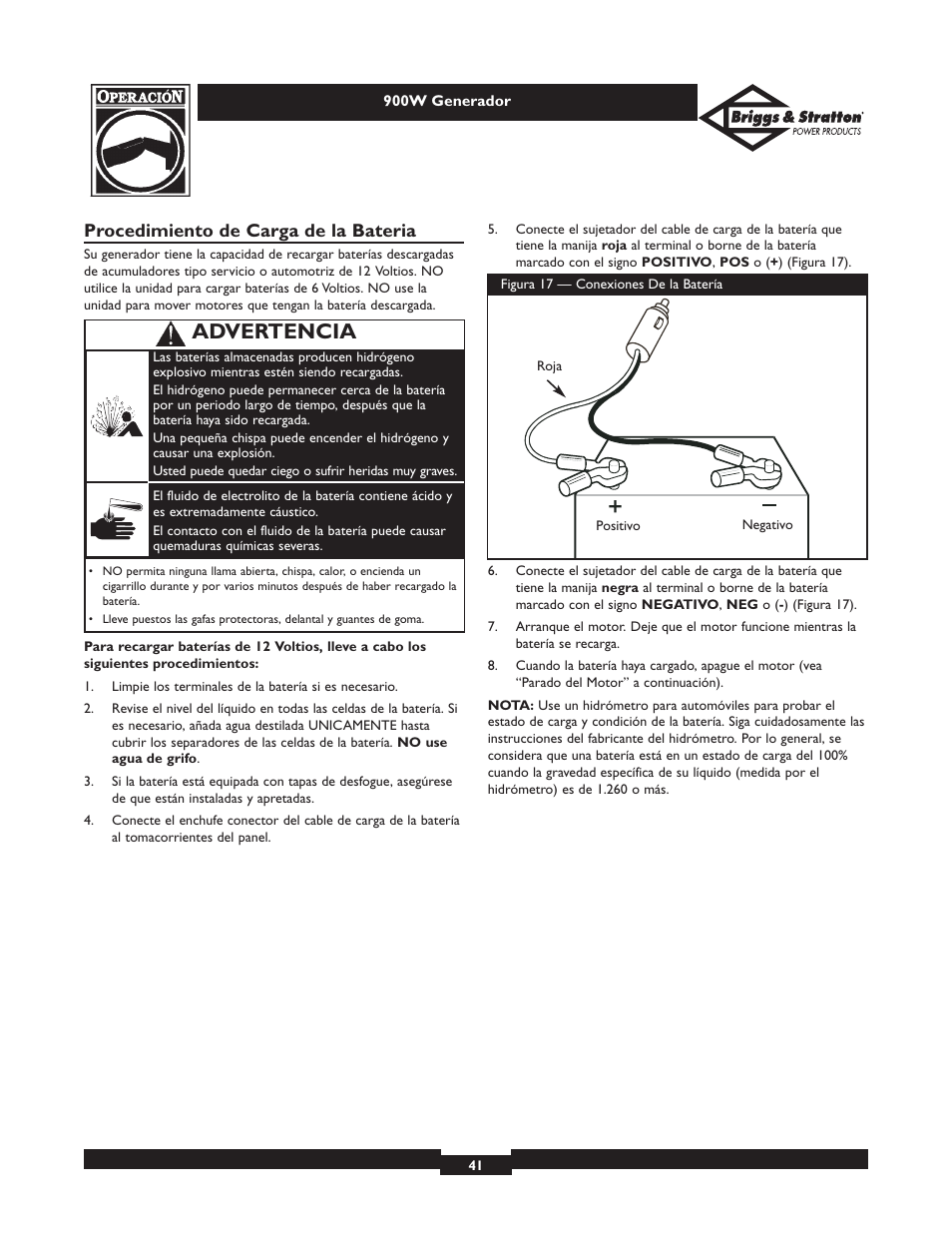 Advertencia, Procedimiento de carga de la bateria | Briggs & Stratton Elite 01532-3 User Manual | Page 41 / 48