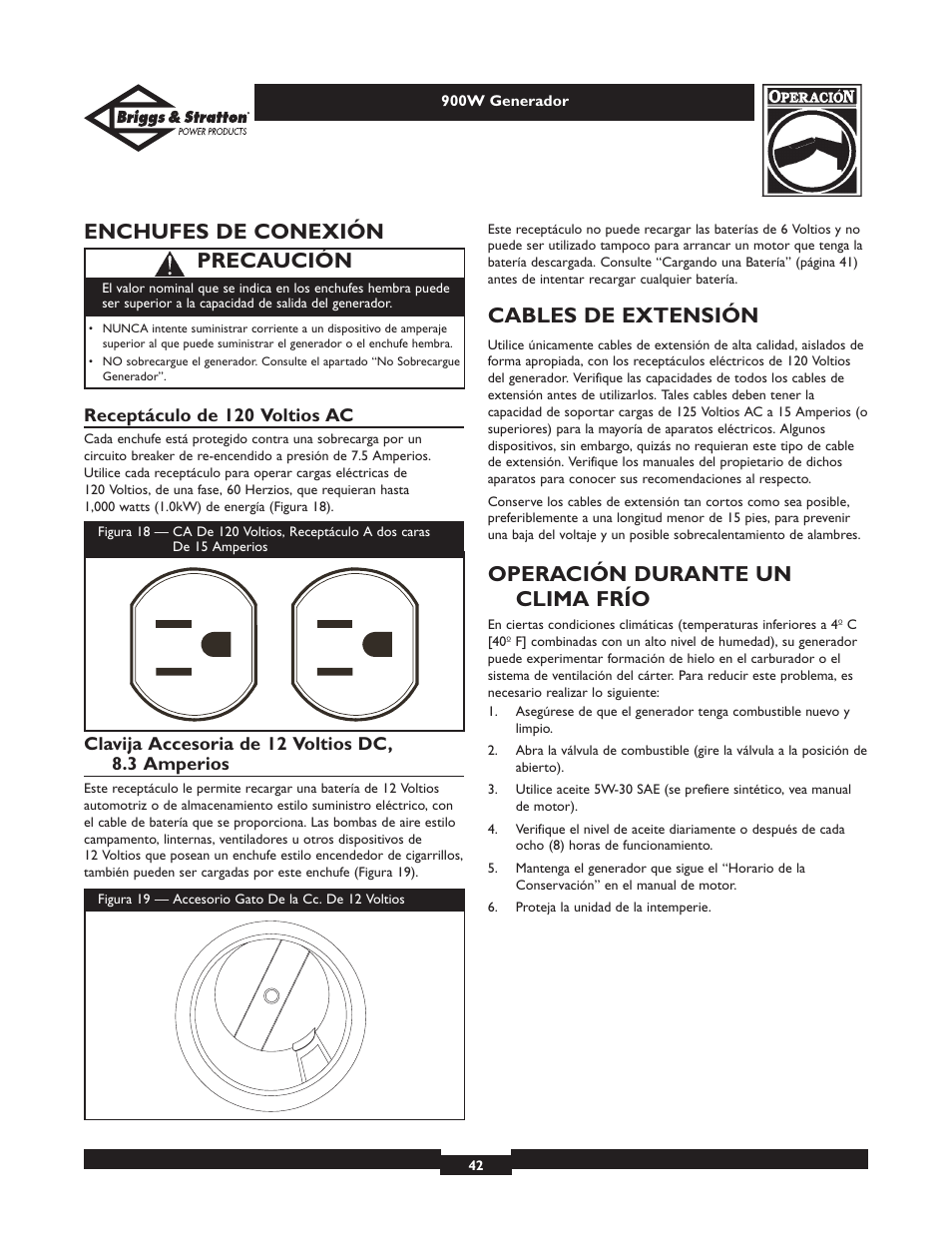 Enchufes de conexión, Cables de extensión, Operación durante un clima frío | Precaución | Briggs & Stratton Elite 01532-3 User Manual | Page 42 / 48
