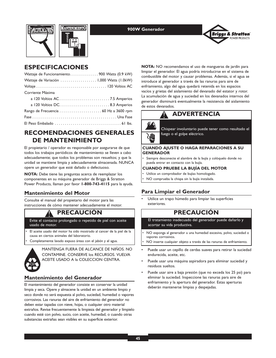 Especificaciones, Recomendaciones generales de mantenimiento, Precaución | Advertencia | Briggs & Stratton Elite 01532-3 User Manual | Page 45 / 48