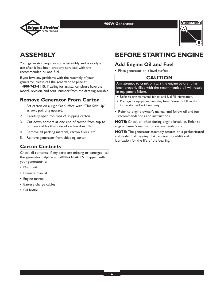 Assembly, Before starting engine, Remove generator from carton | Carton contents, Add engine oil and fuel, Caution | Briggs & Stratton Elite 01532-3 User Manual | Page 6 / 48