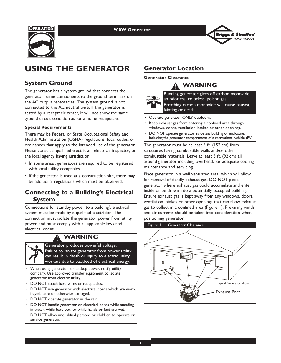 Using the generator, System ground, Connecting to a building’s electrical system | Generator location, Warning | Briggs & Stratton Elite 01532-3 User Manual | Page 7 / 48