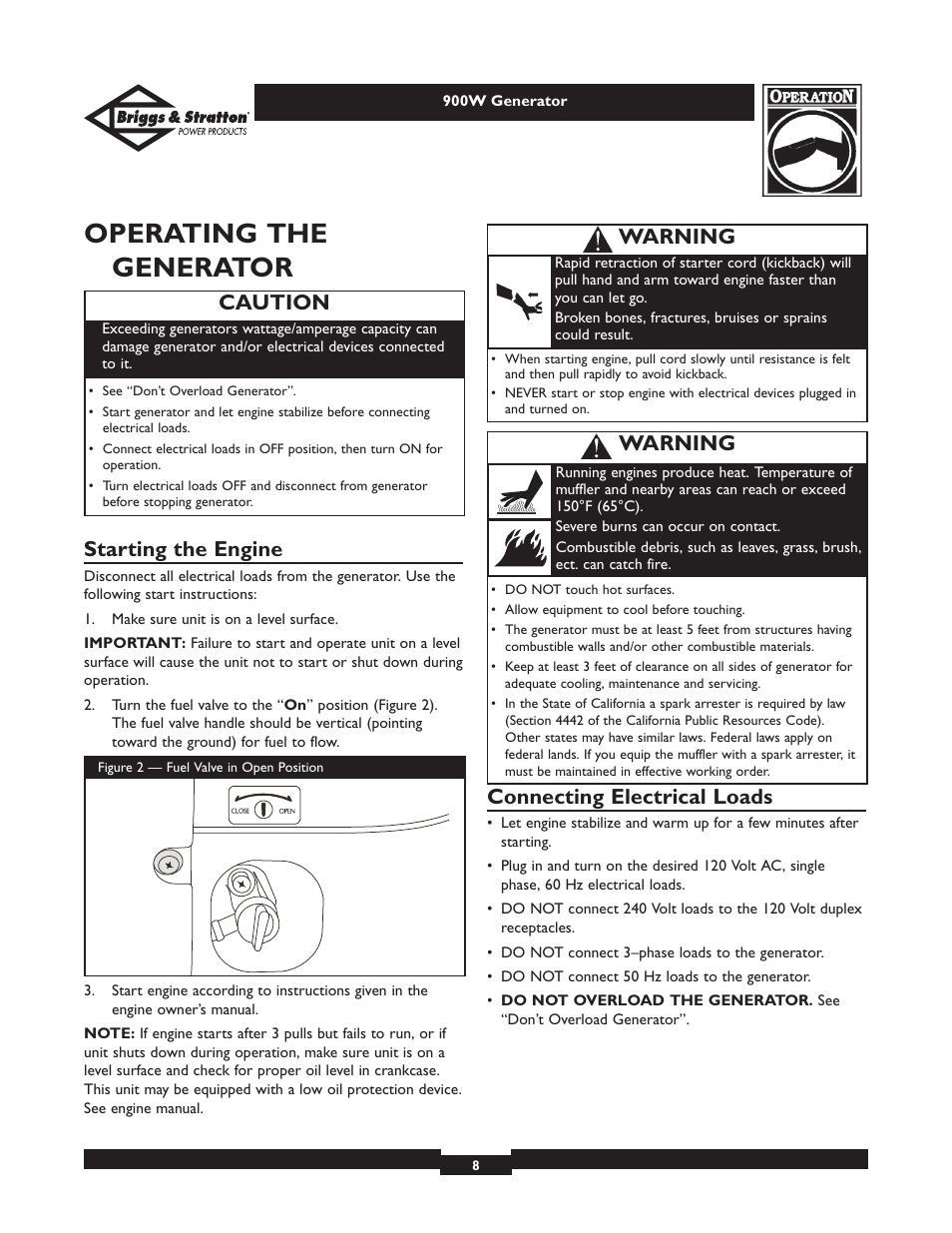 Operating the generator, Starting the engine, Connecting electrical loads | Caution, Warning | Briggs & Stratton Elite 01532-3 User Manual | Page 8 / 48
