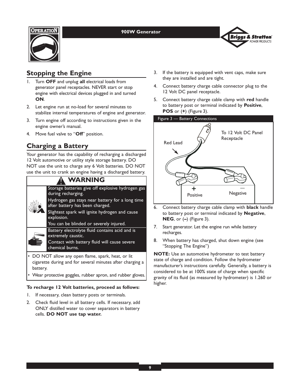 Stopping the engine, Charging a battery, Warning | Briggs & Stratton Elite 01532-3 User Manual | Page 9 / 48