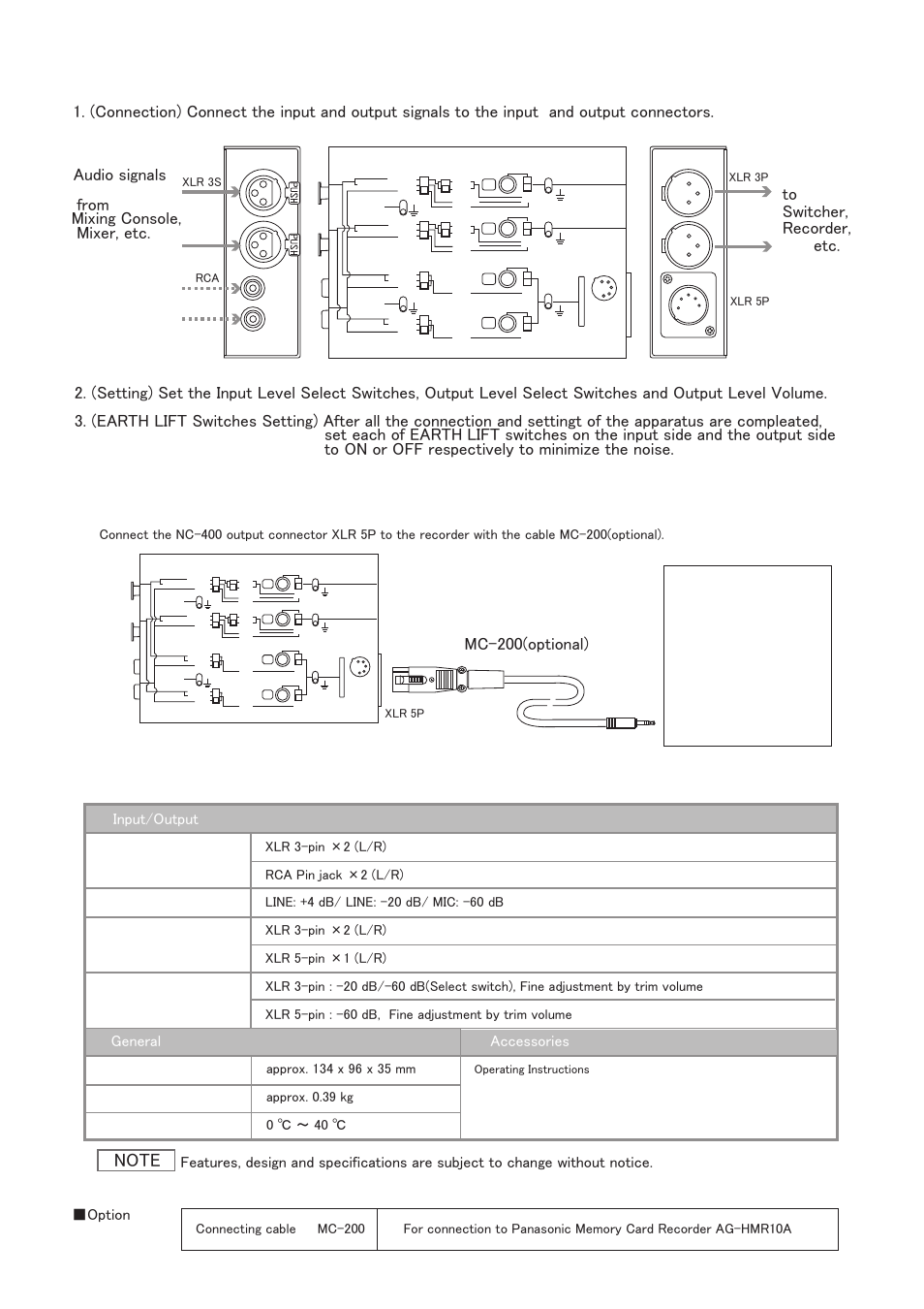 Connection / use, Speciﬁcations, Mc-200(optional) | Input/output general ■option, Accessories, Xlr 3s rca xlr 3p xlr 5p | Nipros NC-400 User Manual | Page 2 / 2