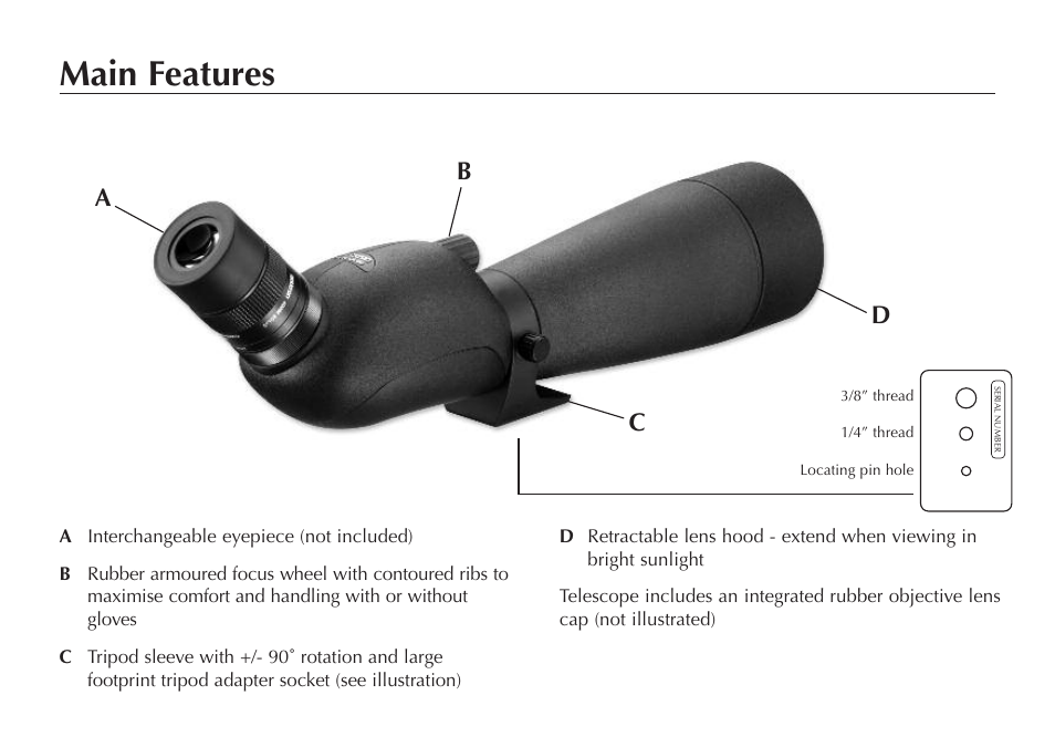 Main features, Ba c d | Opticron HR ED User Manual | Page 2 / 8