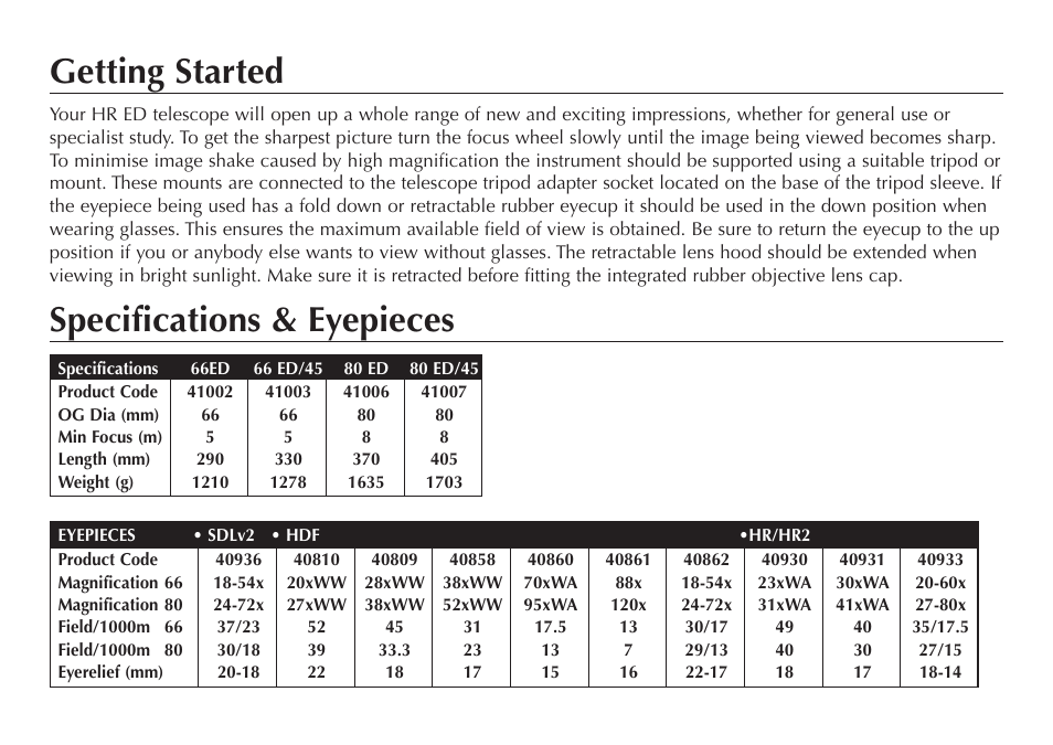 Getting started, Specifications & eyepieces | Opticron HR ED User Manual | Page 3 / 8