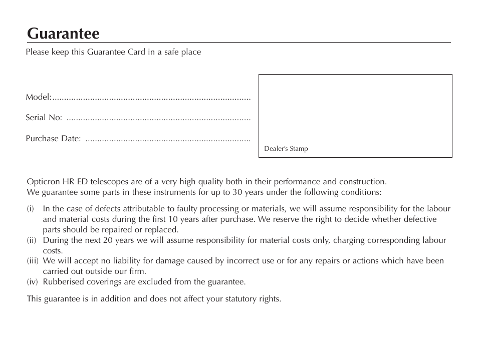 Guarantee | Opticron HR ED User Manual | Page 6 / 8