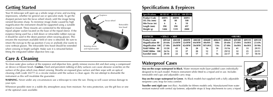 Waterproof cases, Getting started, Care & cleaning | Specifications & eyepieces | Opticron ES v3 User Manual | Page 2 / 2