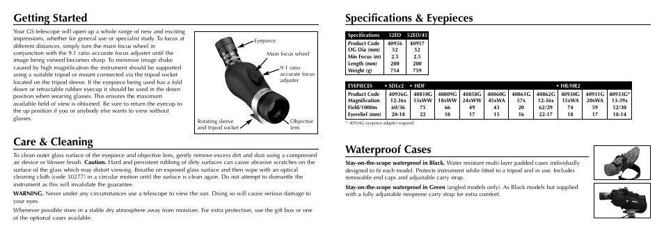 Getting started, Care & cleaning, Waterproof cases | Specifications & eyepieces | Opticron GS 52 User Manual | Page 2 / 2