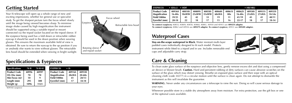 Getting started, Specifications & eyepieces care & cleaning, Waterproof cases | Opticron IS 70 R User Manual | Page 2 / 2