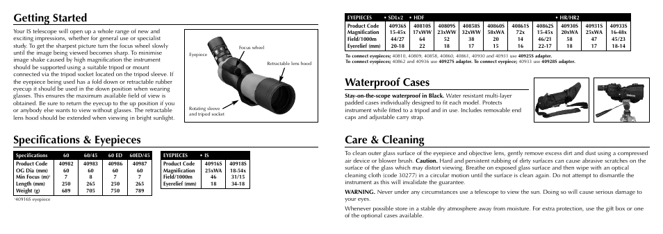 Getting started, Specifications & eyepieces care & cleaning, Waterproof cases | Opticron IS 60 WP User Manual | Page 2 / 2