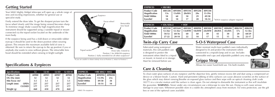 Getting started, Specifications & eyepieces, Grippa strap | Twin-zip carry case, Care & cleaning, S-o-s waterproof case | Opticron MM2 User Manual | Page 2 / 2