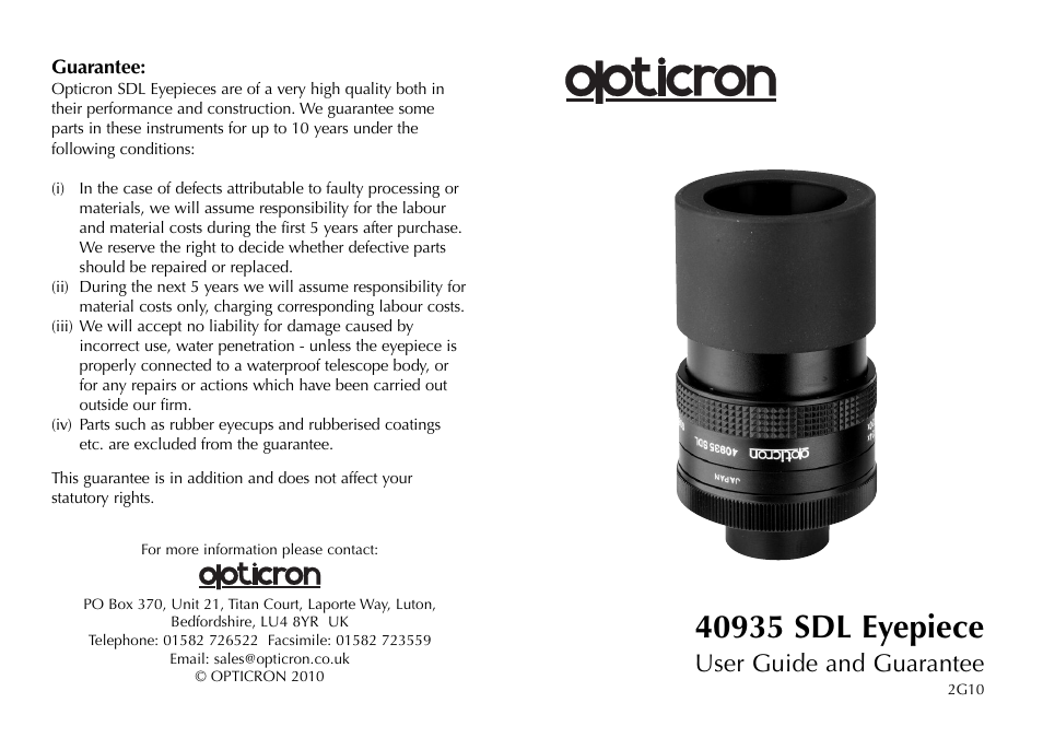 Opticron SDL User Manual | 2 pages