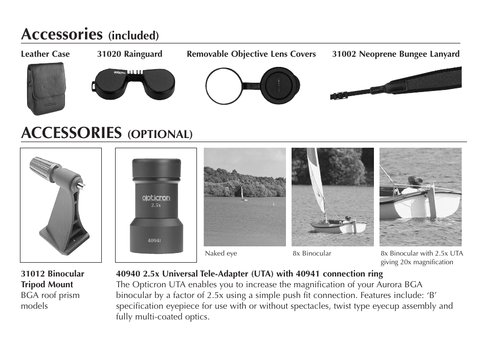 Accessories, Included), Optional) | Opticron Aurora BGA User Manual | Page 3 / 8